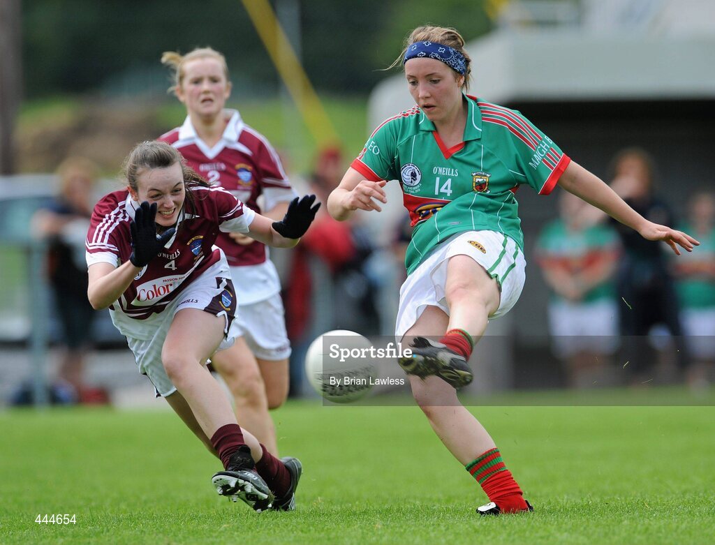 24 July 2010; Leona Ryder, Mayo, in action against Ciara Brannock, Westmeath. Ladies Gaelic Football Minor A Shield All-Ireland Final, Mayo v Westmeath, Seán O'Heslin GAA Cub, Ballinamore, Co. Leitrim. Picture credit: Brian Lawless / SPORTSFILE