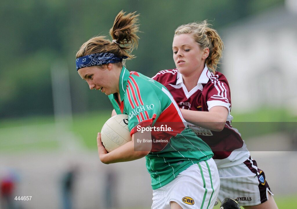 24 July 2010; Leona Ryder, Mayo, in action against Shiela Kelly, Westmeath. Ladies Gaelic Football Minor A Shield All-Ireland Final, Mayo v Westmeath, Seán O'Heslin GAA Cub, Ballinamore, Co. Leitrim. Picture credit: Brian Lawless / SPORTSFILE