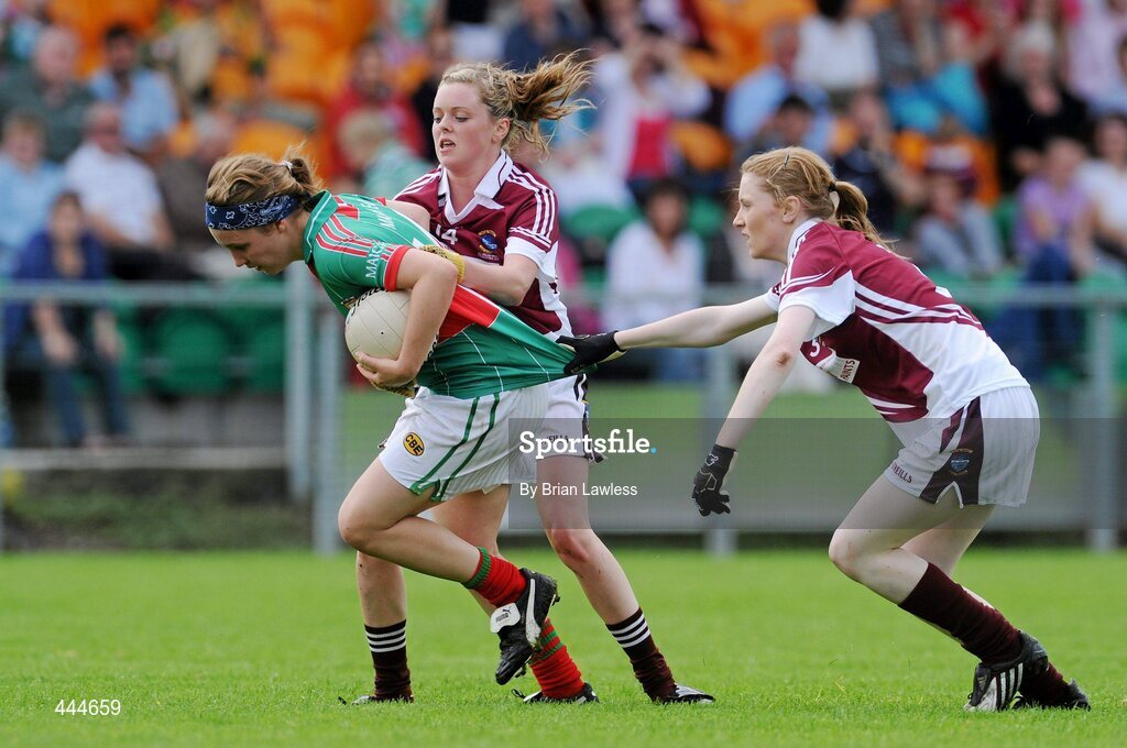 24 July 2010; Leona Ryder, Mayo, in action against Shiela Kelly and Aoife Brady, Westmeath. Ladies Gaelic Football Minor A Shield All-Ireland Final, Mayo v Westmeath, Seán O'Heslin GAA Cub, Ballinamore, Co. Leitrim. Picture credit: Brian Lawless / SPORTSFILE