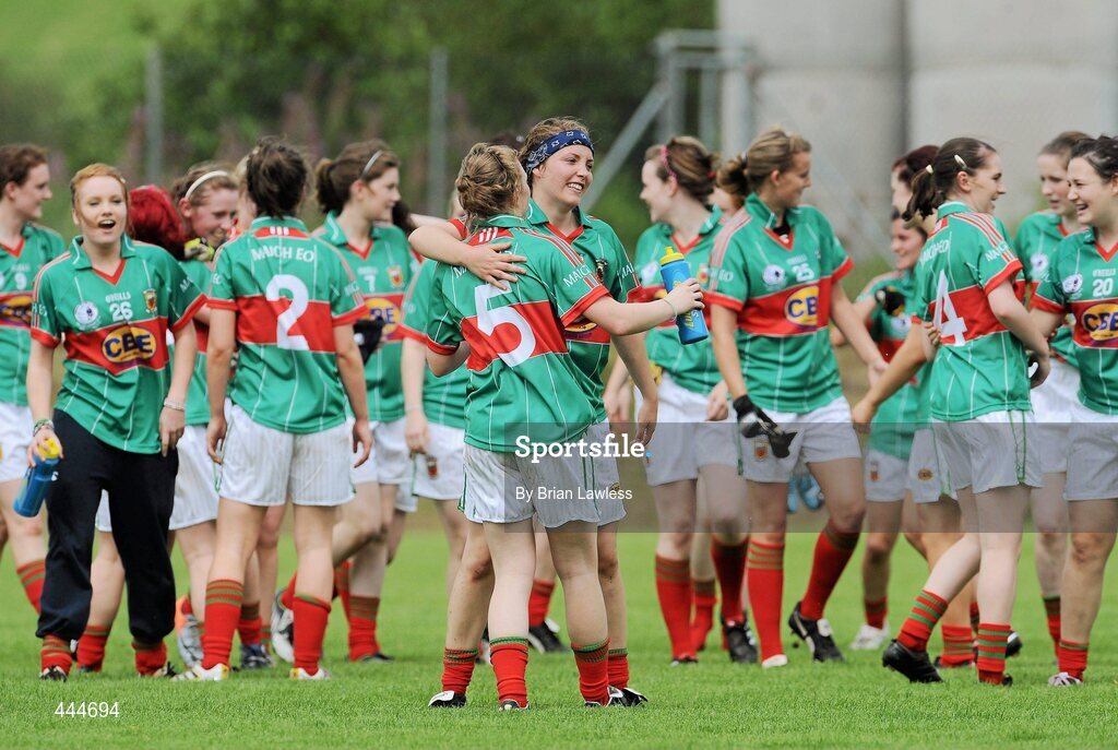 24 July 2010; Mayo's Leona Ryder celebrates with team-mate Ciara Hanahoe, 5, after the match. Ladies Gaelic Football Minor A Shield All-Ireland Final, Mayo v Westmeath, Seán O'Heslin GAA Cub, Ballinamore, Co. Leitrim. Picture credit: Brian Lawless / SPORTSFILE