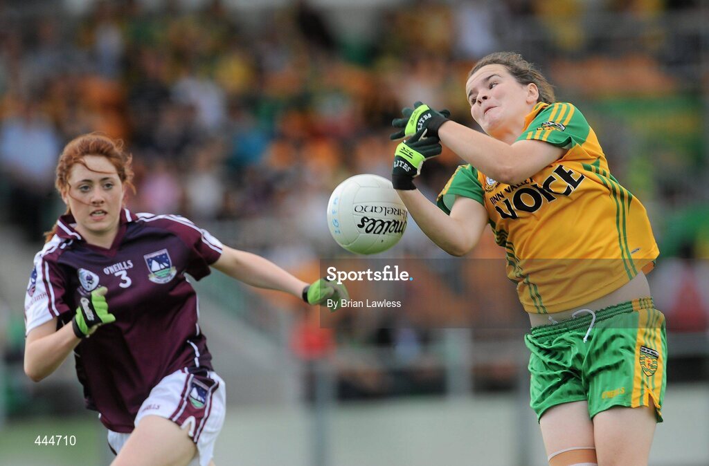 24 July 2010; Geraldine McLaughlin, Donegal, in action against Sarah Lynch, Galway. Ladies Gaelic Football Minor A Championship All-Ireland Final, Donegal v Galway, Seán O'Heslin GAA Cub, Ballinamore, Co. Leitrim. Picture credit: Brian Lawless / SPORTSFILE