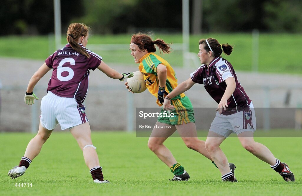 24 July 2010; Ciara Grant, Donegal, in action against Becky Walsh, left, and Michelle Burke, Galway. Ladies Gaelic Football Minor A Championship All-Ireland Final, Donegal v Galway, Seán O'Heslin GAA Cub, Ballinamore, Co. Leitrim. Picture credit: Brian Lawless / SPORTSFILE