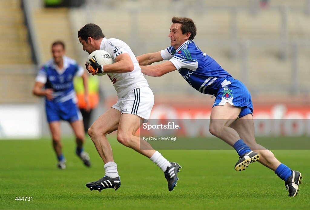 24 July 2010; Aindriu MacLochlainn, Kildare, in action against Gary McQuaid, Monaghan. GAA Football All-Ireland Senior Championship Qualifier, Round 4, Monaghan v Kildare, Croke Park, Dublin. Picture credit: Oliver McVeigh / SPORTSFILE