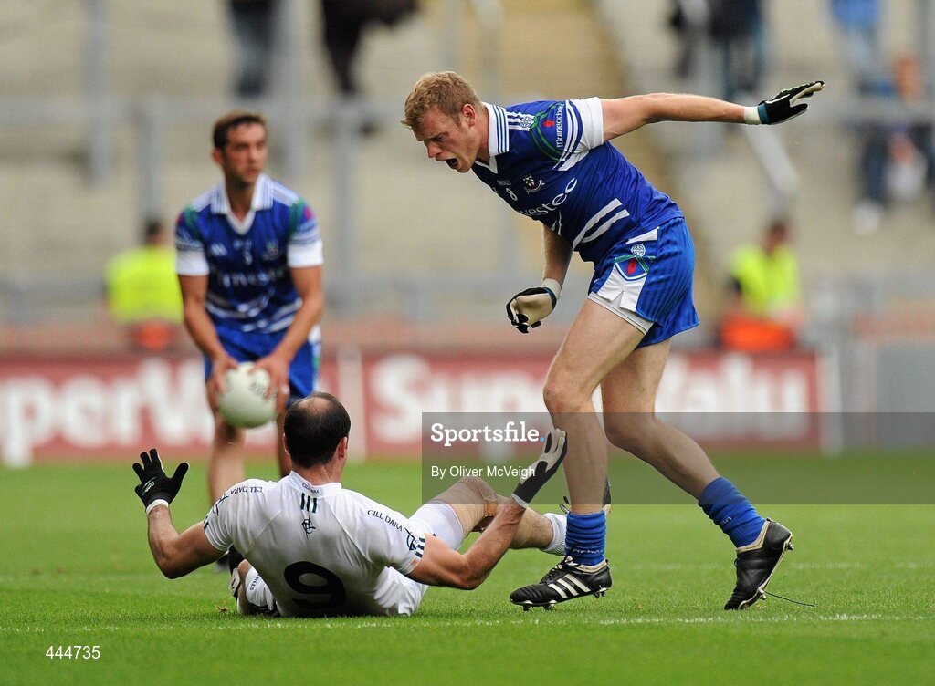 24 July 2010; Owen Lennon, Monaghan, reacts to a Dermot Earley, Kildare challenge. GAA Football All-Ireland Senior Championship Qualifier, Round 4, Monaghan v Kildare, Croke Park, Dublin. Picture credit: Oliver McVeigh / SPORTSFILE