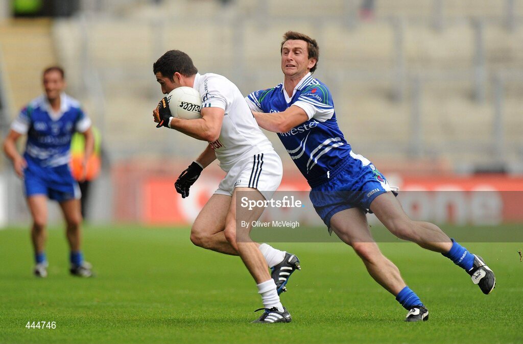24 July 2010; Aindriu MacLochlainn, Kildare, in action against Gary McQuaid, Monaghan. GAA Football All-Ireland Senior Championship Qualifier, Round 4, Monaghan v Kildare, Croke Park, Dublin. Picture credit: Oliver McVeigh / SPORTSFILE