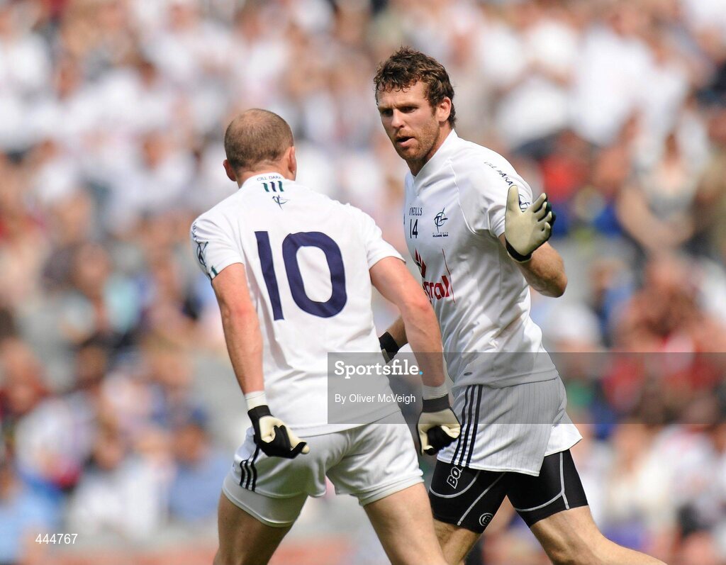 24 July 2010; Ronan Sweeney, Kildare, right, celebrates after scoring the first goal with James Kavanagh. GAA Football All-Ireland Senior Championship Qualifier, Round 4, Monaghan v Kildare, Croke Park, Dublin. Picture credit: Oliver McVeigh / SPORTSFILE