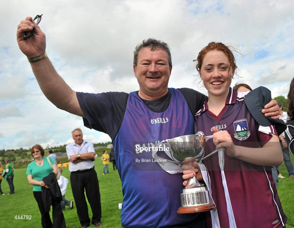 24 July 2010; Galway manager Con Moynihan and captain Sarah Lynch celebrate with the cup. Ladies Gaelic Football Minor A Championship All-Ireland Final, Donegal v Galway, Seán O'Heslin GAA Cub, Ballinamore, Co. Leitrim. Picture credit: Brian Lawless / SPORTSFILE