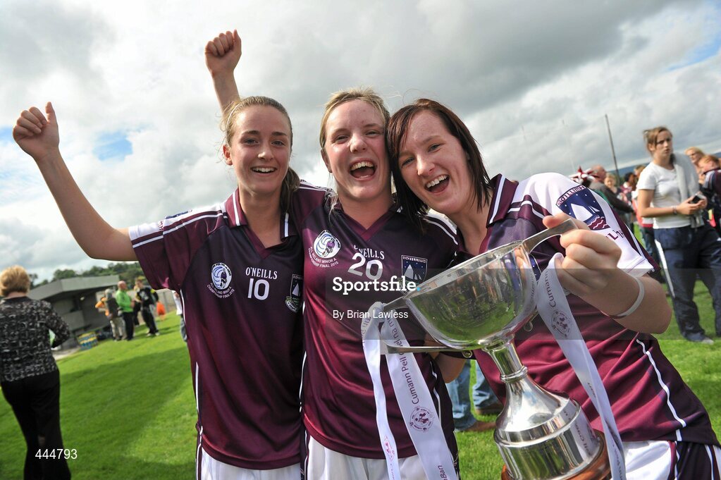 24 July 2010; Galway players, from left, Tessa Mullins, Aisling Donnelly, and Eilis Gannon, celebrate with the cup. Ladies Gaelic Football Minor A Championship All-Ireland Final, Donegal v Galway, Seán O'Heslin GAA Cub, Ballinamore, Co. Leitrim. Picture credit: Brian Lawless / SPORTSFILE