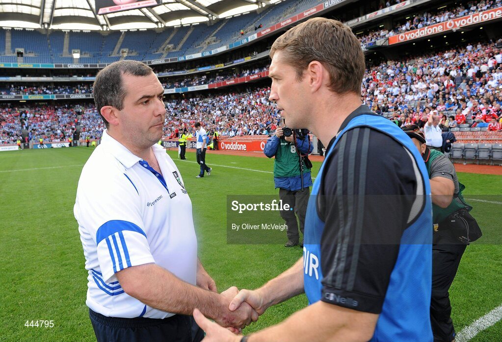 24 July 2010; Kildare manager Kieran McGeeney shakes hands with Monaghan manager Seamus McEnaney at the end of the game. GAA Football All-Ireland Senior Championship Qualifier, Round 4, Monaghan v Kildare, Croke Park, Dublin. Picture credit: Oliver McVeigh / SPORTSFILE