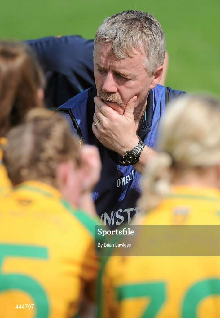 24 July 2010; Donegal manager Kenny Griffin with his players after defeat. Ladies Gaelic Football Minor A Championship All-Ireland Final, Donegal v Galway, Seán O'Heslin GAA Cub, Ballinamore, Co. Leitrim. Picture credit: Brian Lawless / SPORTSFILE