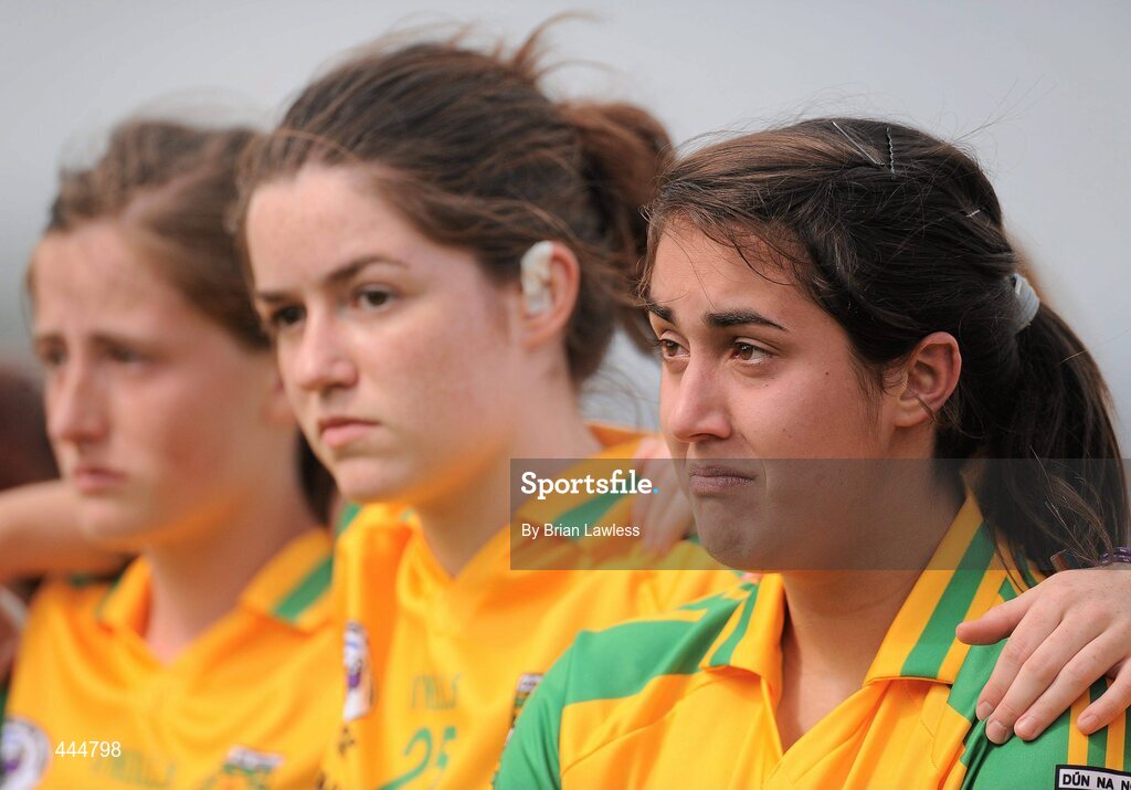 24 July 2010; Donegal players, from right, Tara Khan, Laura Stewart, and Mairead Walsh, show their disappointment after the match. Ladies Gaelic Football Minor A Championship All-Ireland Final, Donegal v Galway, Seán O'Heslin GAA Cub, Ballinamore, Co. Leitrim. Picture credit: Brian Lawless / SPORTSFILE