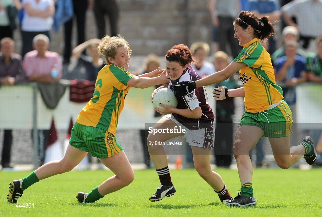 24 July 2010; Charlotte Cooney, Galway, in action against Kate Keaney, left, and Tanya Kennedy, Donegal. Ladies Gaelic Football Minor A Championship All-Ireland Final, Donegal v Galway, Seán O'Heslin GAA Cub, Ballinamore, Co. Leitrim. Picture credit: Brian Lawless / SPORTSFILE