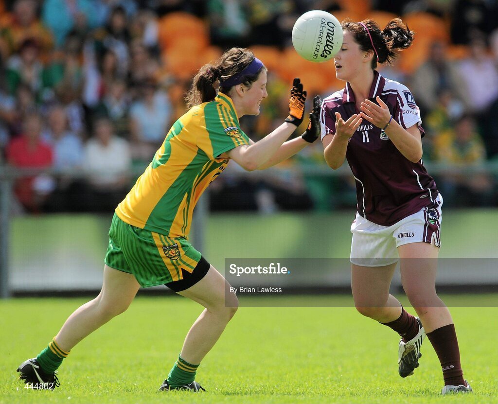 24 July 2010; Deirdre Brennan, Galway, in action against Emer Gallagher, Donegal. Ladies Gaelic Football Minor A Championship All-Ireland Final, Donegal v Galway, Seán O'Heslin GAA Cub, Ballinamore, Co. Leitrim. Picture credit: Brian Lawless / SPORTSFILE