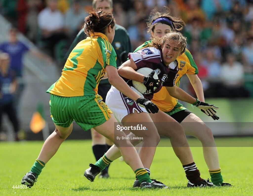 24 July 2010; Dora Gorman, Galway, in action against Tanya Kennedy, left, and Emer Gallagher, Donegal. Ladies Gaelic Football Minor A Championship All-Ireland Final, Donegal v Galway, Seán O'Heslin GAA Cub, Ballinamore, Co. Leitrim. Picture credit: Brian Lawless / SPORTSFILE