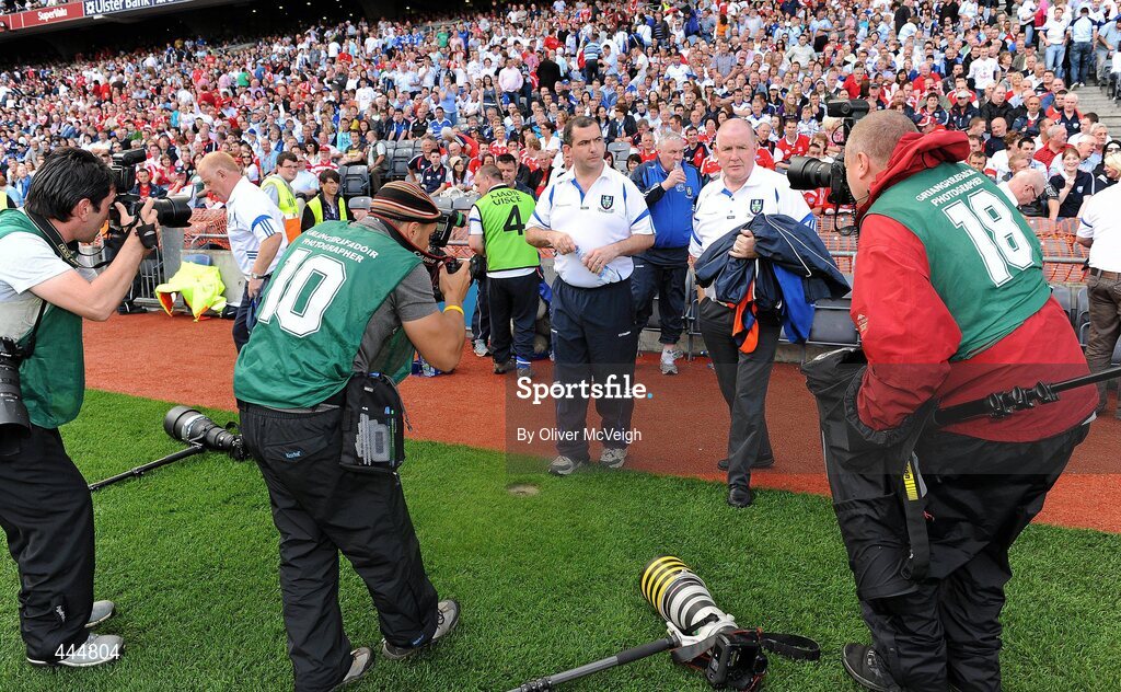 24 July 2010; Monaghan manager Seamus McEnaney surrounded by photographers after the final whistle. GAA Football All-Ireland Senior Championship Qualifier, Round 4, Monaghan v Kildare, Croke Park, Dublin. Picture credit: Oliver McVeigh / SPORTSFILE