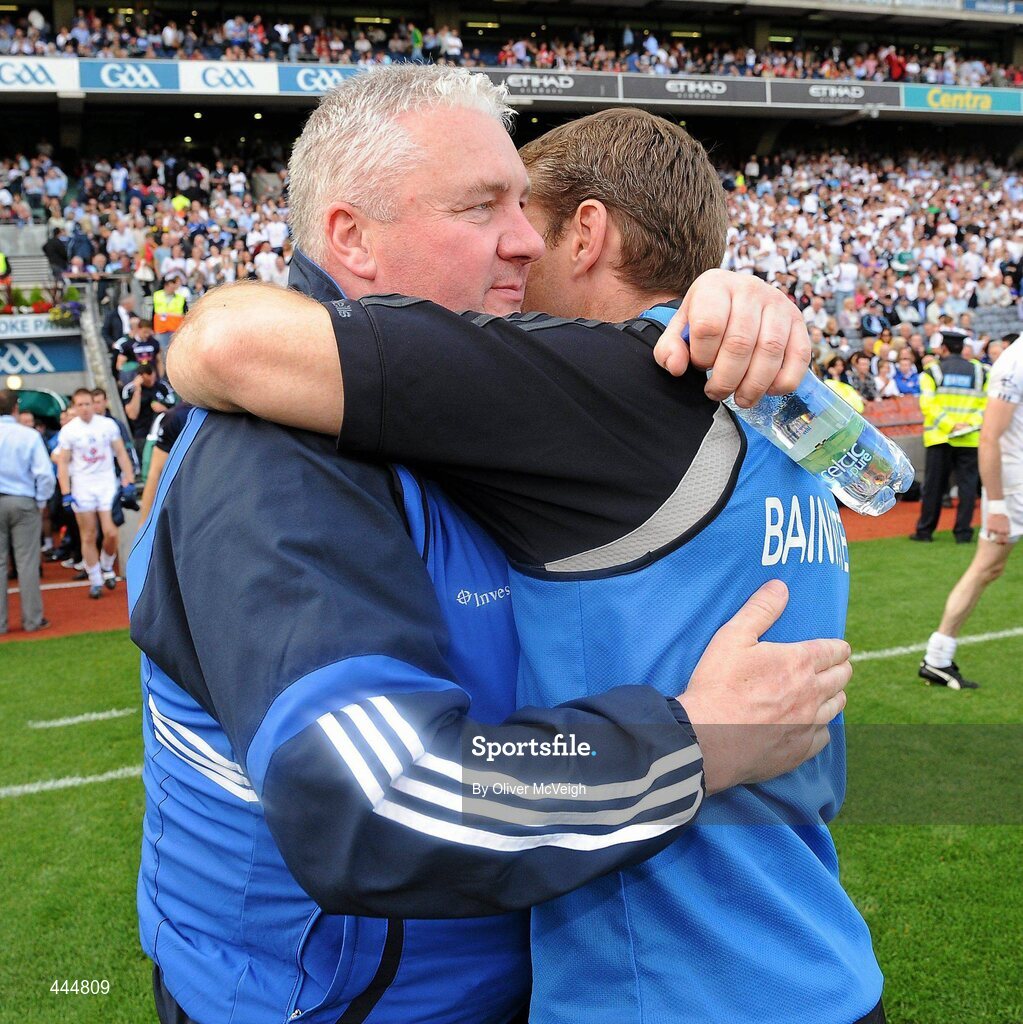 24 July 2010; Kildare maanager Kieran McGeeney, right, hugs Monaghan assistant manager Paul Grimley at the final whistle. GAA Football All-Ireland Senior Championship Qualifier, Round 4, Monaghan v Kildare, Croke Park, Dublin. Picture credit: Oliver McVeigh / SPORTSFILE