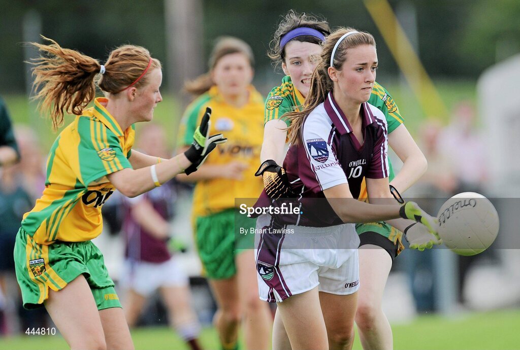 24 July 2010; Tessa Mullins, Galway, in action against Orlaith Furlong, left, and Emer Gallagher, Donegal. Ladies Gaelic Football Minor A Championship All-Ireland Final, Donegal v Galway, Seán O'Heslin GAA Cub, Ballinamore, Co. Leitrim. Picture credit: Brian Lawless / SPORTSFILE