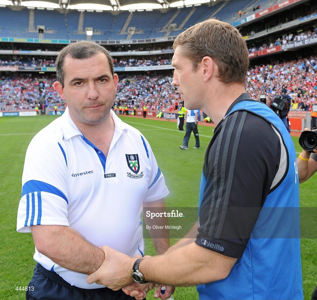 24 July 2010; Kildare manager Kieran McGeeney shakes hands with Monaghan manager Seamus McEnaney at the end of the game. GAA Football All-Ireland Senior Championship Qualifier, Round 4, Monaghan v Kildare, Croke Park, Dublin. Picture credit: Oliver McVeigh / SPORTSFILE
