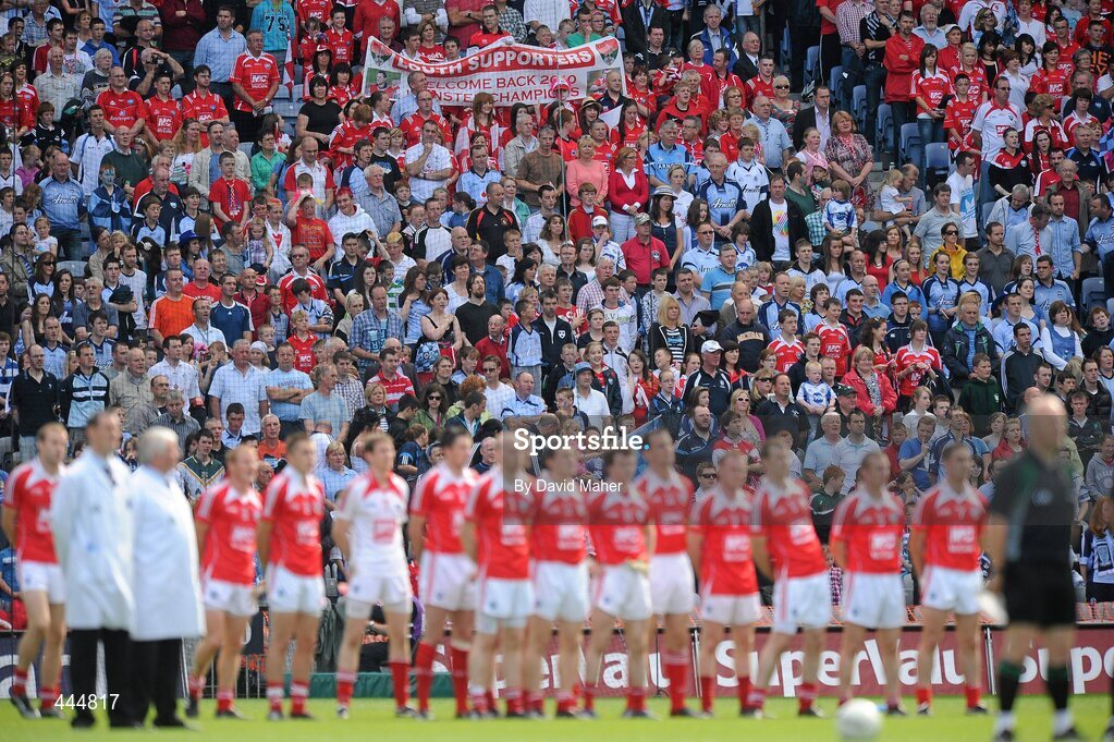 24 July 2010;  Louth supporters hold a banner before the start of the game as the Louth team stand during the national anthem. GAA Football All-Ireland Senior Championship Qualifier, Round 4, Dublin v Louth, Croke Park, Dublin. Picture credit: David Maher / SPORTSFILE