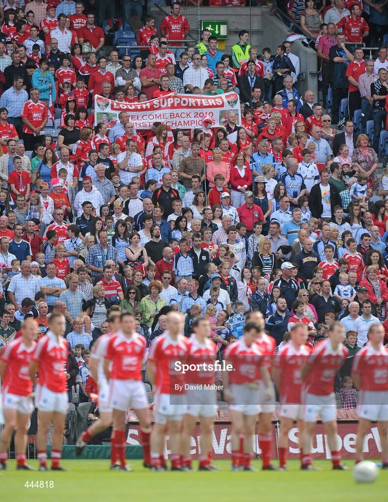 24 July 2010;  Louth supporters hold a banner before the start of the game as the Louth team stand during the national anthem. GAA Football All-Ireland Senior Championship Qualifier, Round 4, Dublin v Louth, Croke Park, Dublin. Picture credit: David Maher / SPORTSFILE