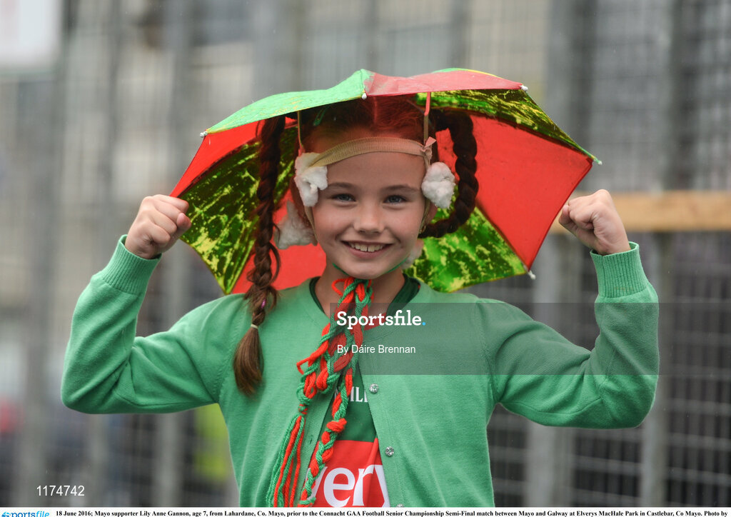 18 June 2016; Mayo supporter Lily Anne Gannon, age 7, from Lahardane, Co. Mayo, prior to the Connacht GAA Football Senior Championship Semi-Final match between Mayo and Galway at Elverys MacHale Park in Castlebar, Co Mayo. Photo by Daire Brennan/Sportsfile