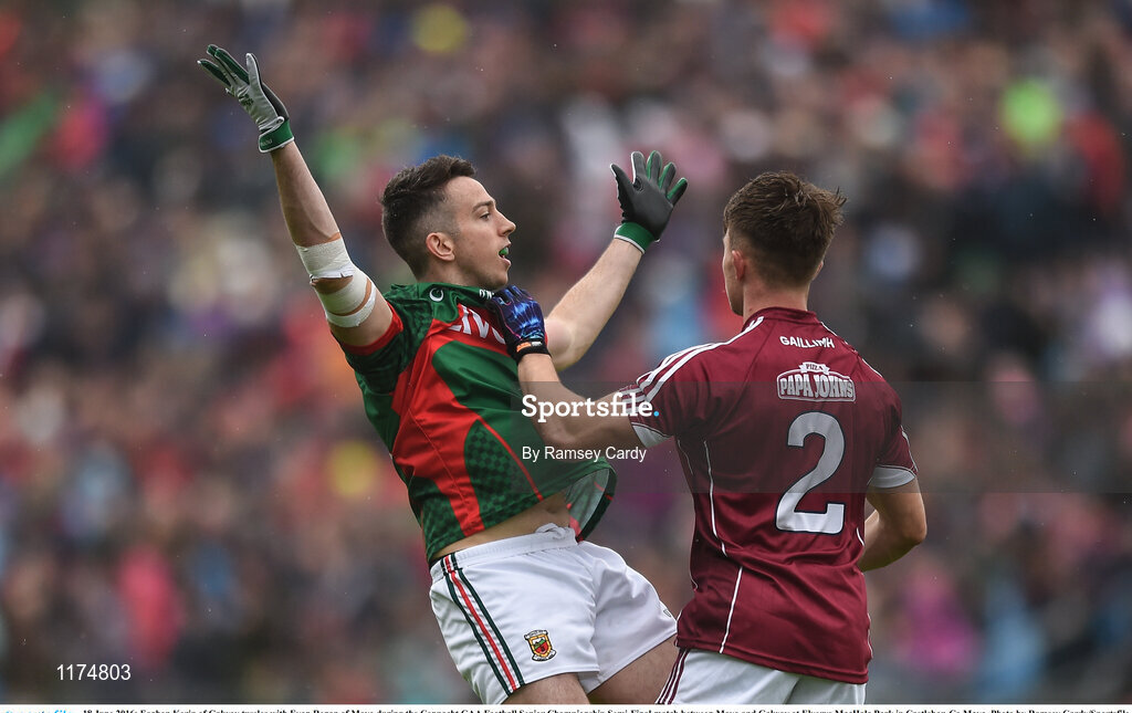 18 June 2016; Eoghan Kerin of Galway tussles with Evan Regan of Mayo during the Connacht GAA Football Senior Championship Semi-Final match between Mayo and Galway at Elverys MacHale Park in Castlebar, Co Mayo. Photo by Ramsey Cardy/Sportsfile