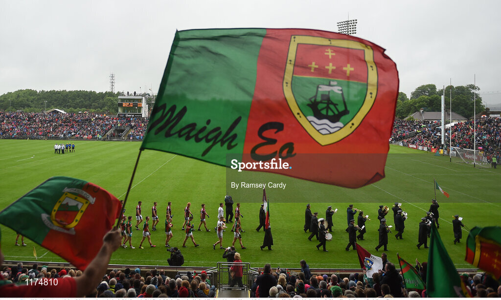 18 June 2016; A general view of the pre-match parade ahead of the Connacht GAA Football Senior Championship Semi-Final match between Mayo and Galway at Elverys MacHale Park in Castlebar, Co Mayo. Photo by Ramsey Cardy/Sportsfile