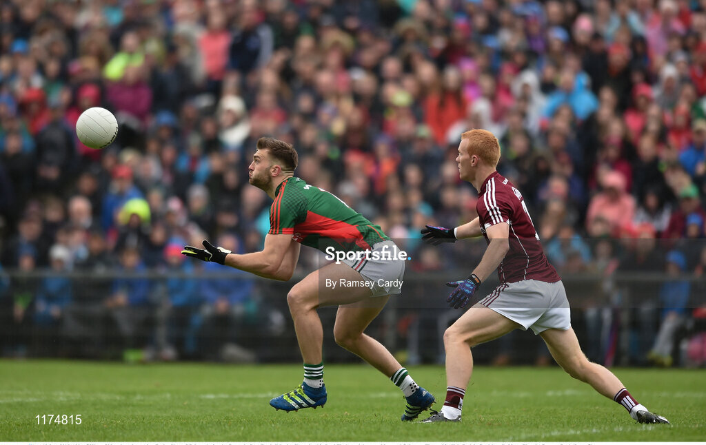 18 June 2016; Aidan O’Shea of Mayo in action against Declan Kyne of Galway during the Connacht GAA Football Senior Championship Semi-Final match between Mayo and Galway at Elverys MacHale Park in Castlebar, Co Mayo. Photo by Ramsey Cardy/Sportsfile