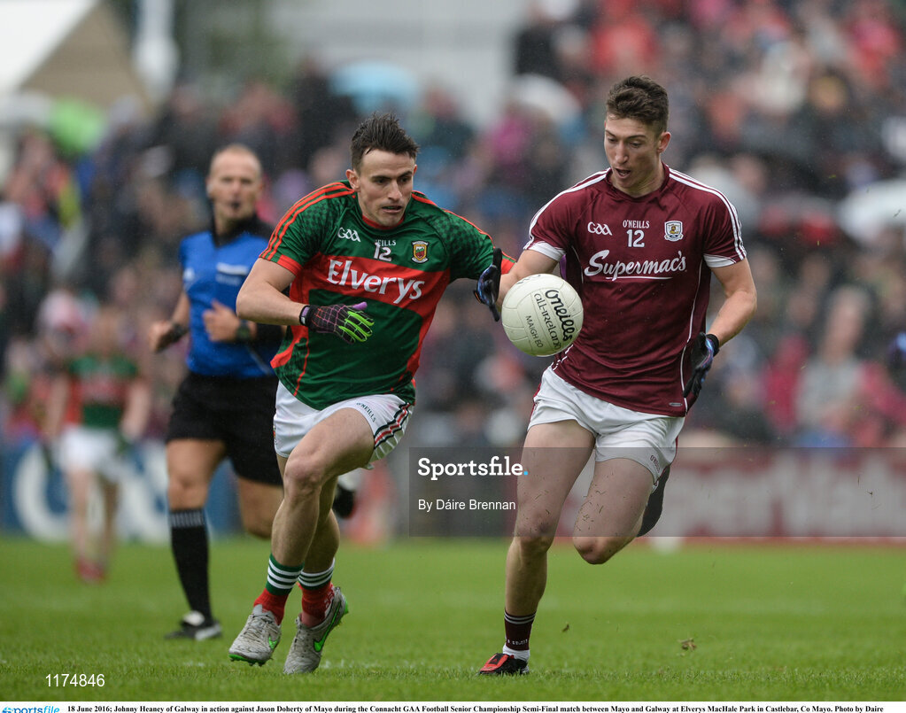 18 June 2016; Johnny Heaney of Galway in action against Jason Doherty of Mayo during the Connacht GAA Football Senior Championship Semi-Final match between Mayo and Galway at Elverys MacHale Park in Castlebar, Co Mayo. Photo by Daire Brennan/Sportsfile