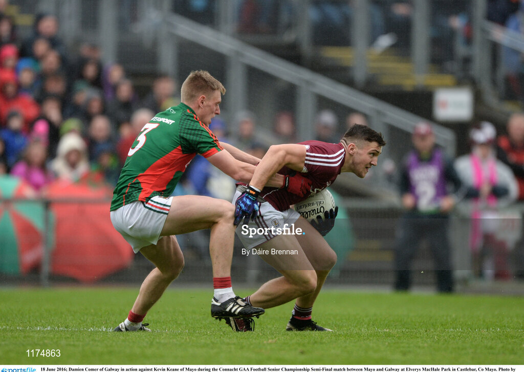 18 June 2016; Damien Comer of Galway in action against Kevin Keane of Mayo during the Connacht GAA Football Senior Championship Semi-Final match between Mayo and Galway at Elverys MacHale Park in Castlebar, Co Mayo. Photo by Daire Brennan/Sportsfile