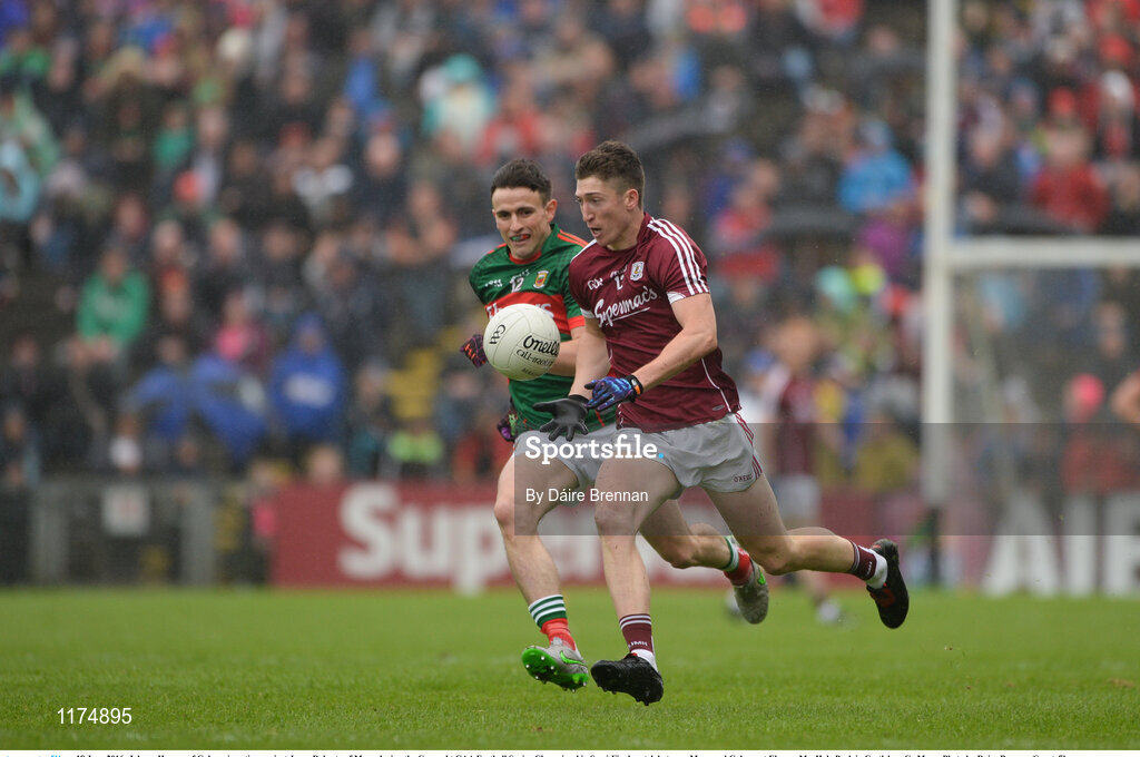 18 June 2016; Johnny Heaney of Galway in action against Jason Doherty of Mayo during the Connacht GAA Football Senior Championship Semi-Final match between Mayo and Galway at Elverys MacHale Park in Castlebar, Co Mayo. Photo by Daire Brennan/Sportsfile