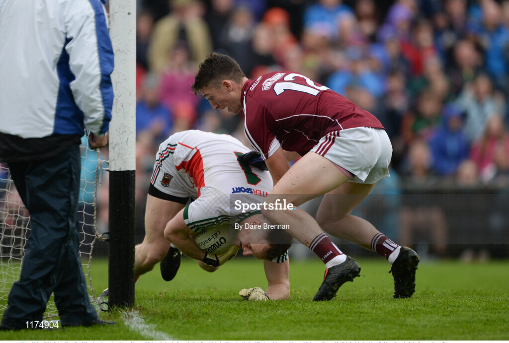 18 June 2016; Robert Hennelly of Mayo in action against Johnny Heaney of Galway during the Connacht GAA Football Senior Championship Semi-Final match between Mayo and Galway at Elverys MacHale Park in Castlebar, Co Mayo. Photo by Daire Brennan/Sportsfile