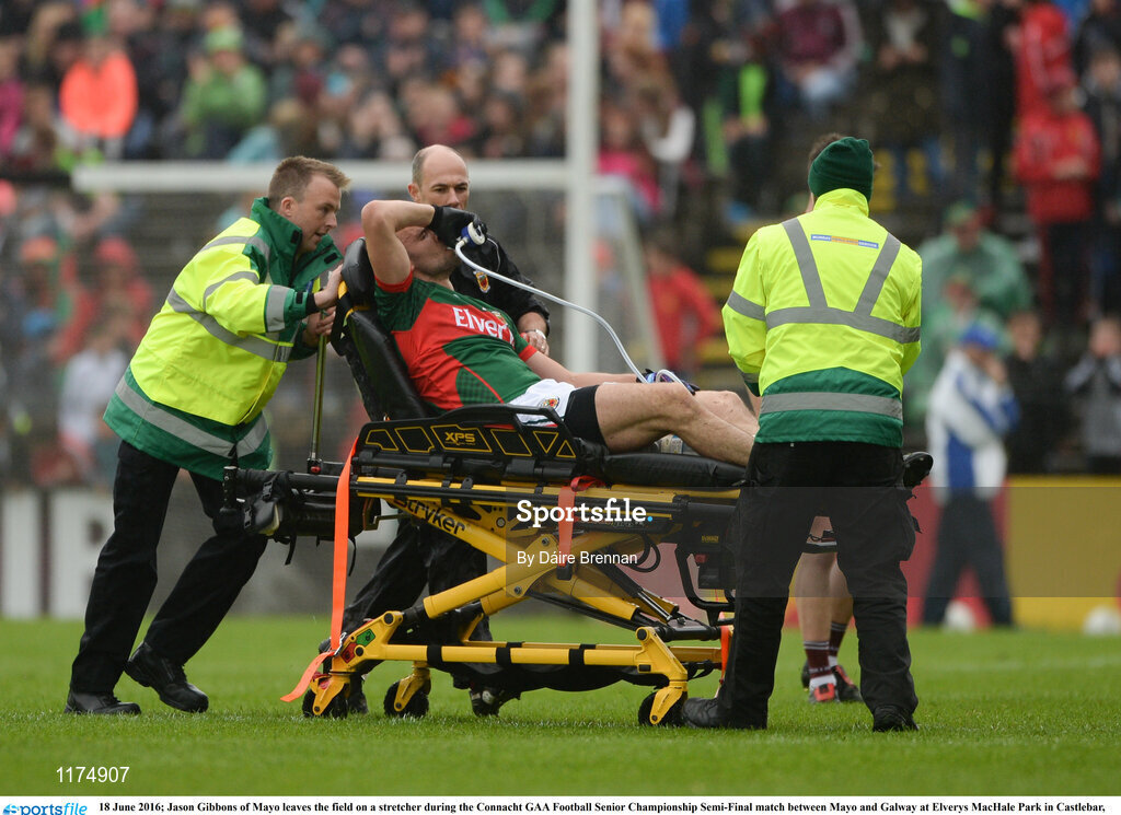 18 June 2016; Jason Gibbons of Mayo leaves the field on a stretcher during the Connacht GAA Football Senior Championship Semi-Final match between Mayo and Galway at Elverys MacHale Park in Castlebar, Co Mayo. Photo by Daire Brennan/Sportsfile