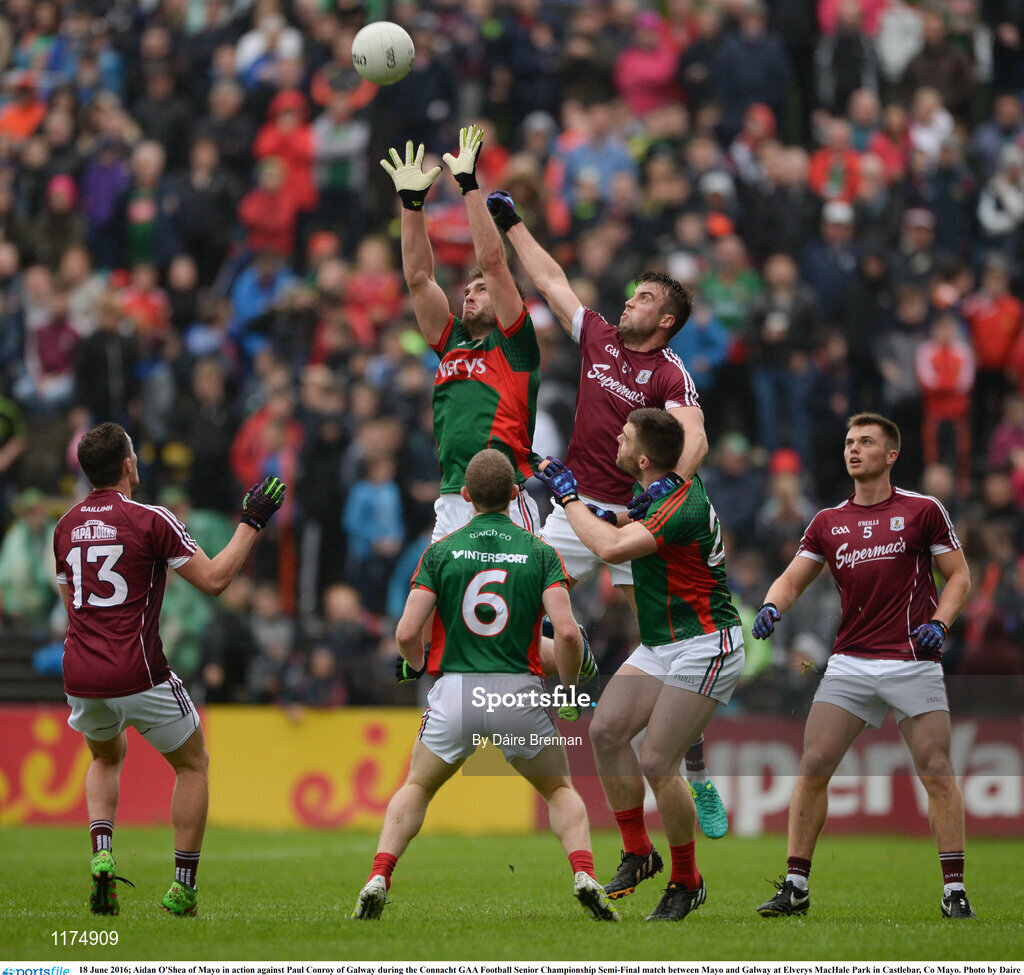 18 June 2016; Aidan O'Shea of Mayo in action against Paul Conroy of Galway during the Connacht GAA Football Senior Championship Semi-Final match between Mayo and Galway at Elverys MacHale Park in Castlebar, Co Mayo. Photo by Daire Brennan/Sportsfile