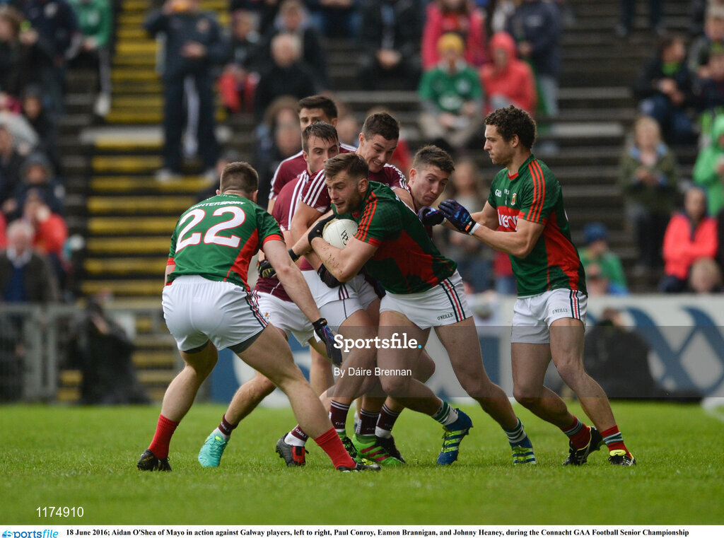 18 June 2016; Aidan O'Shea of Mayo in action against Galway players, left to right, Paul Conroy, Eamon Brannigan, and Johnny Heaney, during the Connacht GAA Football Senior Championship Semi-Final match between Mayo and Galway at Elverys MacHale Park in Castlebar, Co Mayo. Photo by Daire Brennan/Sportsfile