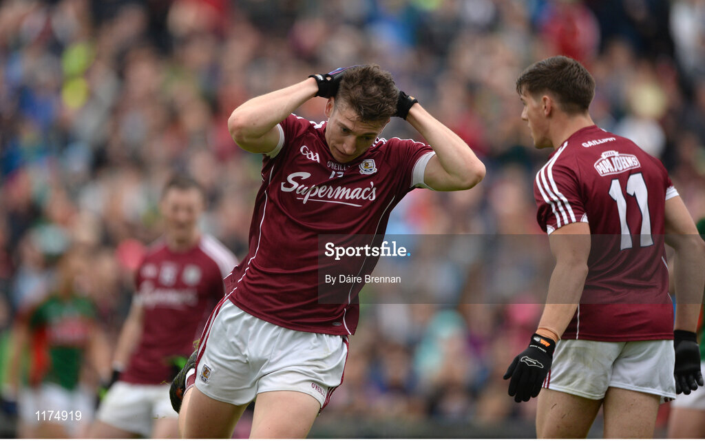 18 June 2016; Johnny Heaney of Galway reacts to missing a goal chance during the Connacht GAA Football Senior Championship Semi-Final match between Mayo and Galway at Elverys MacHale Park in Castlebar, Co Mayo. Photo by Daire Brennan/Sportsfile
