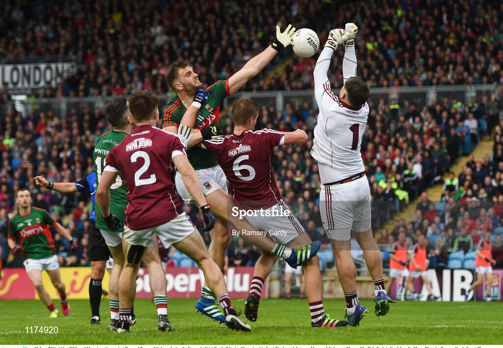 18 June 2016; Aidan O’Shea of Mayo in action against Bernard Power of Galway during the Connacht GAA Football Senior Championship Semi-Final match between Mayo and Galway at Elverys MacHale Park in Castlebar, Co Mayo. Photo by Ramsey Cardy/Sportsfile