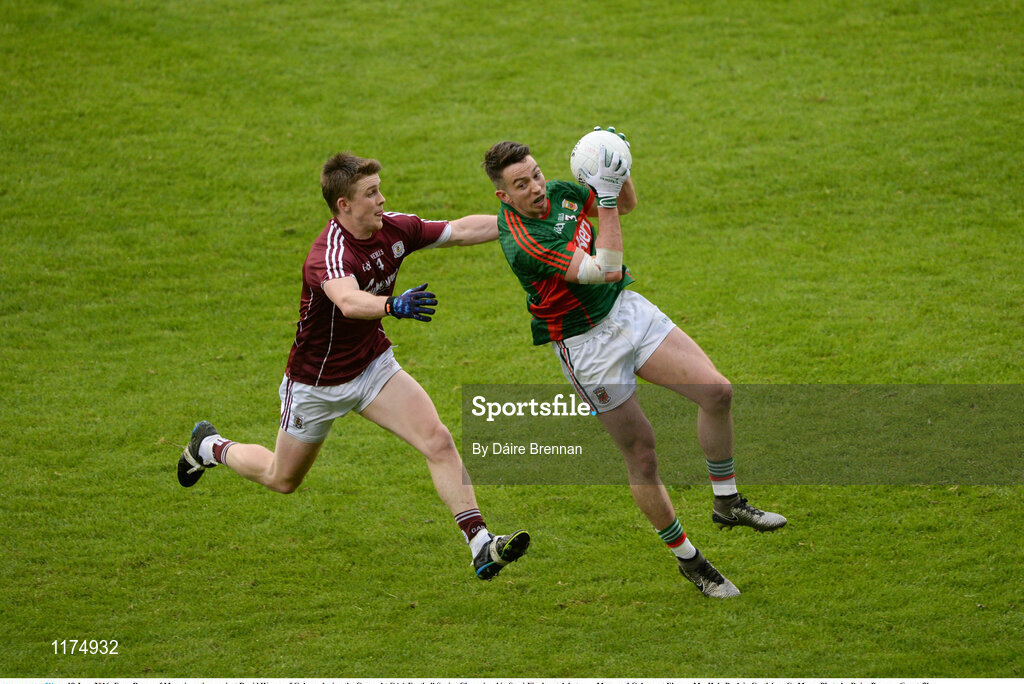 18 June 2016; Evan Regan of Mayo in action against David Wynne of Galway during the Connacht GAA Football Senior Championship Semi-Final match between Mayo and Galway at Elverys MacHale Park in Castlebar, Co Mayo. Photo by Daire Brennan/Sportsfile