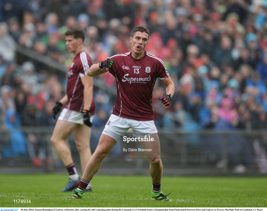 18 June 2016; Eamon Brannigan of Galway celebrates after scoring his side's opening point during the Connacht GAA Football Senior Championship Semi-Final match between Mayo and Galway at Elverys MacHale Park in Castlebar, Co Mayo. Photo by Daire Brennan/Sportsfile
