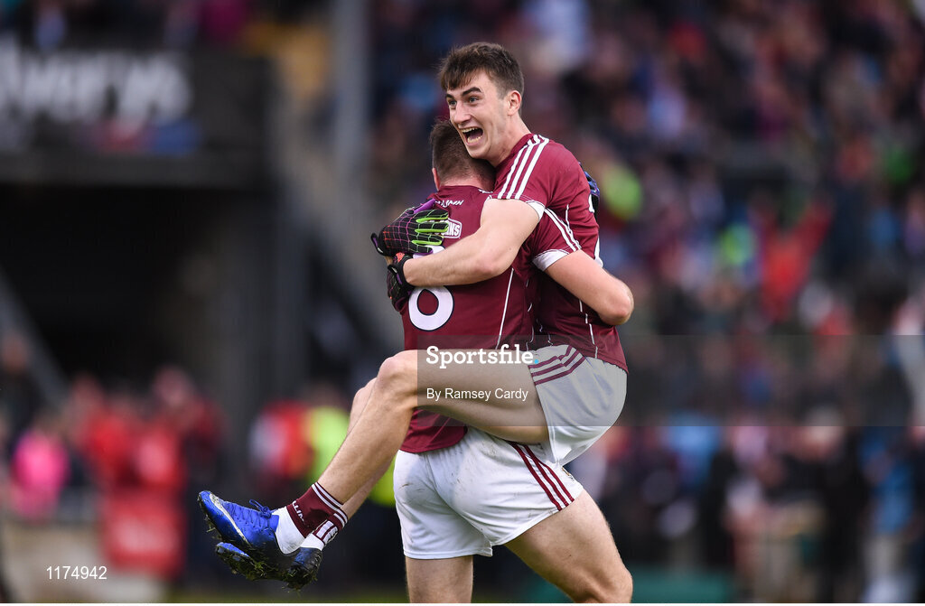 18 June 2016; Galway's Paul Conroy, left, and Enda Tierney celebrate following their side's victory in the Connacht GAA Football Senior Championship Semi-Final match between Mayo and Galway at Elverys MacHale Park in Castlebar, Co Mayo. Photo by Ramsey Cardy/Sportsfile