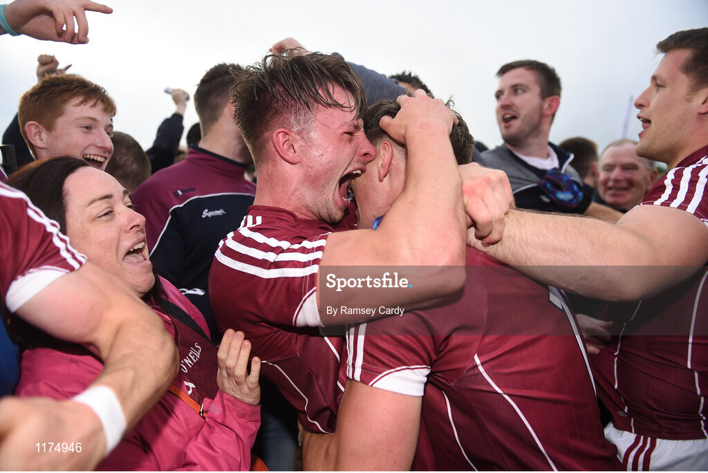 18 June 2016; Galway's Eoghan Kerin, left, and Shane Walsh celebrate following their side's victory in the Connacht GAA Football Senior Championship Semi-Final match between Mayo and Galway at Elverys MacHale Park in Castlebar, Co Mayo. Photo by Ramsey Cardy/Sportsfile