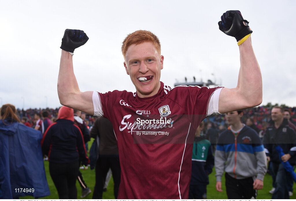 18 June 2016; Galway's Adrian Varley celebrates following his side's victory in the Connacht GAA Football Senior Championship Semi-Final match between Mayo and Galway at Elverys MacHale Park in Castlebar, Co Mayo. Photo by Ramsey Cardy/Sportsfile