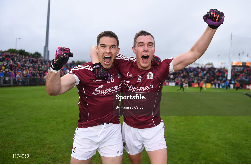 18 June 2016; Galway's Sean Denvir, left, and Eamonn Brannigan celebrate following their side's victory in the Connacht GAA Football Senior Championship Semi-Final match between Mayo and Galway at Elverys MacHale Park in Castlebar, Co Mayo. Photo by Ramsey Cardy/Sportsfile