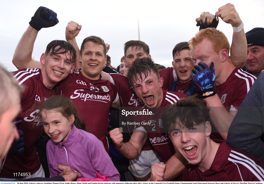 18 June 2016; Galway's players, including Thomas Flynn, Eddie Hoare, Shane Walsh and Eoghan Kerin celebrate with supporters following their side's victory in the Connacht GAA Football Senior Championship Semi-Final match between Mayo and Galway at Elverys MacHale Park in Castlebar, Co Mayo. Photo by Ramsey Cardy/Sportsfile