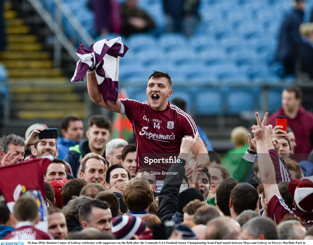 18 June 2016; Damien Comer of Galway celebrates with supporters on the field after the Connacht GAA Football Senior Championship Semi-Final match between Mayo and Galway at Elverys MacHale Park in Castlebar, Co Mayo. Photo by Daire Brennan/Sportsfile