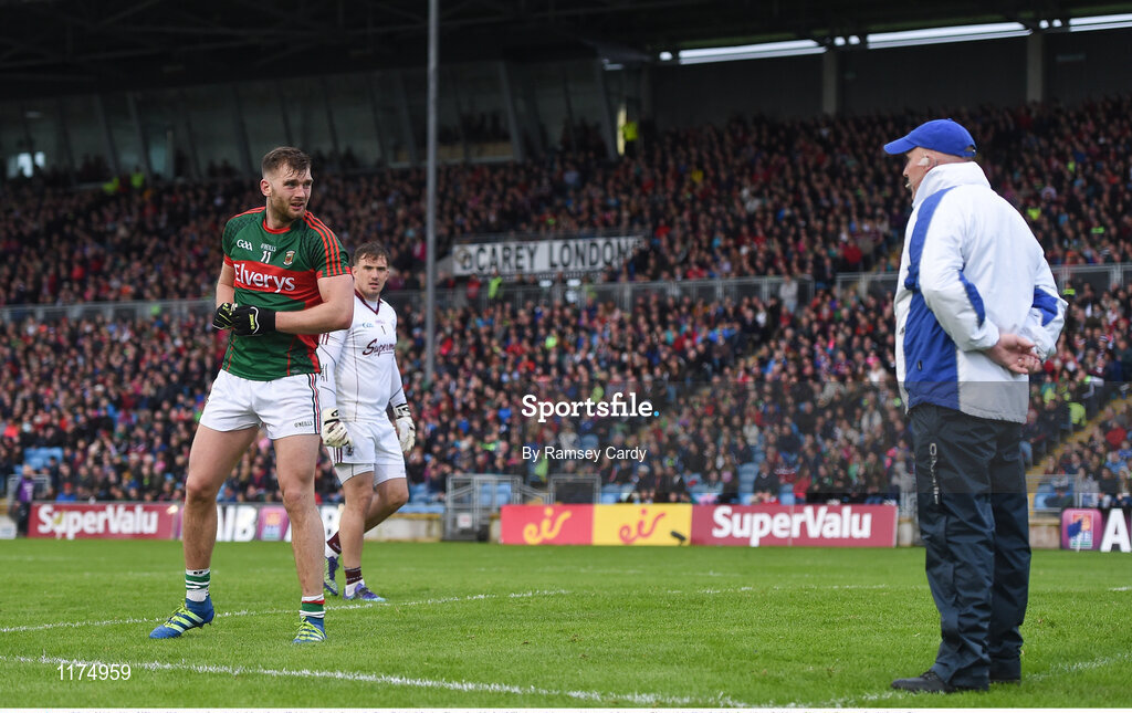 18 June 2016; Aidan O’Shea of Mayo questions the decision of an official late in the Connacht GAA Football Senior Championship Semi-Final match between Mayo and Galway at Elverys MacHale Park in Castlebar, Co Mayo. Photo by Ramsey Cardy/Sportsfile