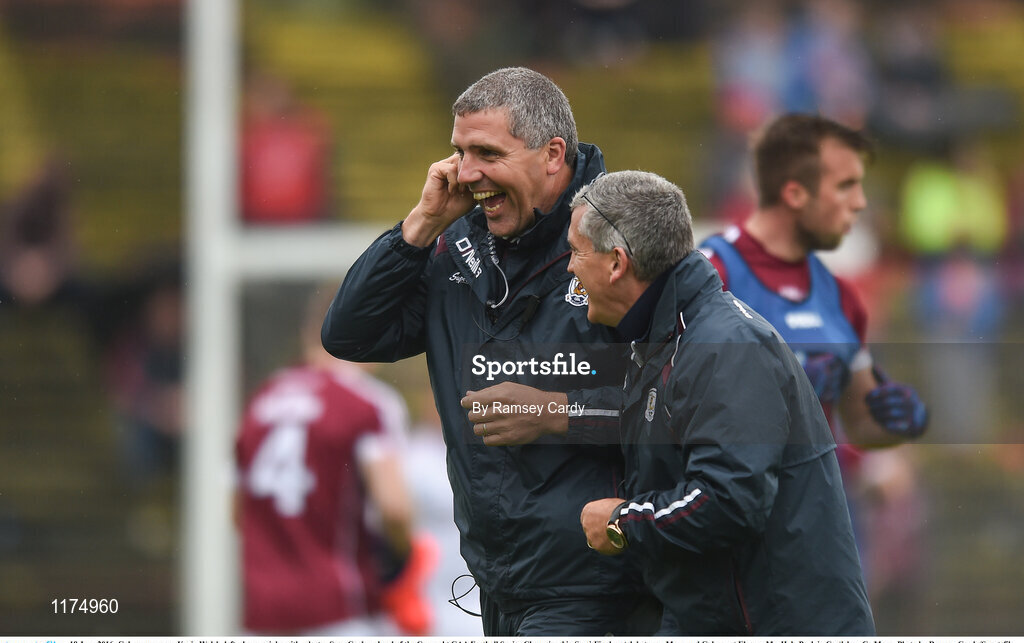 18 June 2016; Galway manager Kevin Walsh, left, shares a joke with selector Sean Conlon ahead of the Connacht GAA Football Senior Championship Semi-Final match between Mayo and Galway at Elverys MacHale Park in Castlebar, Co Mayo. Photo by Ramsey Cardy/Sportsfile
