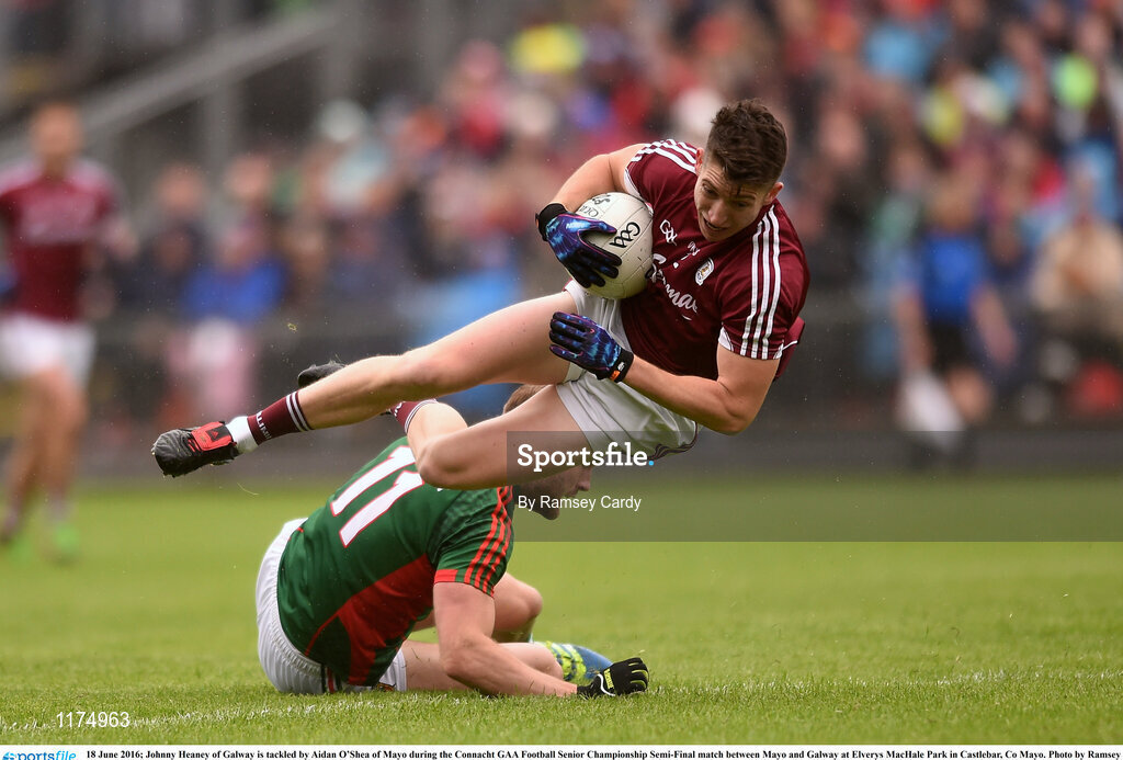 18 June 2016; Johnny Heaney of Galway is tackled by Aidan O’Shea of Mayo during the Connacht GAA Football Senior Championship Semi-Final match between Mayo and Galway at Elverys MacHale Park in Castlebar, Co Mayo. Photo by Ramsey Cardy/Sportsfile