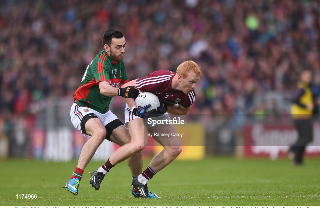 18 June 2016; Declan Kyne of Galway is tackled by Kevin McLoughlin of Mayo during the Connacht GAA Football Senior Championship Semi-Final match between Mayo and Galway at Elverys MacHale Park in Castlebar, Co Mayo. Photo by Ramsey Cardy/Sportsfile