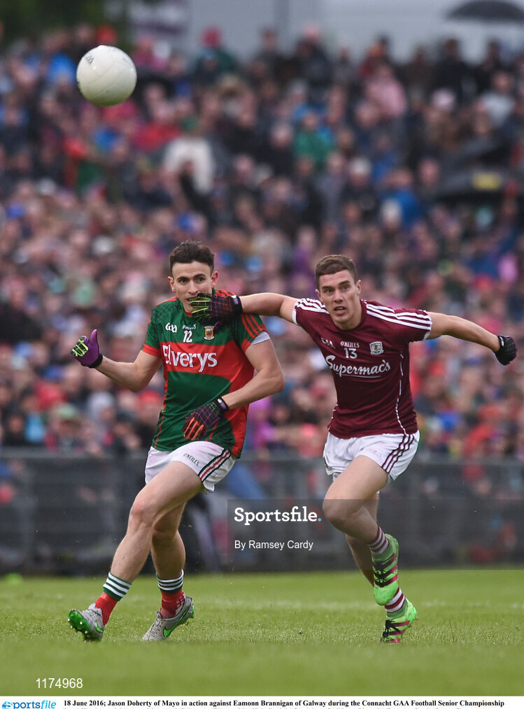 18 June 2016; Jason Doherty of Mayo in action against Eamonn Brannigan of Galway during the Connacht GAA Football Senior Championship Semi-Final match between Mayo and Galway at Elverys MacHale Park in Castlebar, Co Mayo. Photo by Ramsey Cardy/Sportsfile